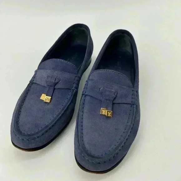 Louis Vuitton Blue Suede Shoes Leather Loafers Sz 37.5 US Womens Logo - Picture 1 of 15